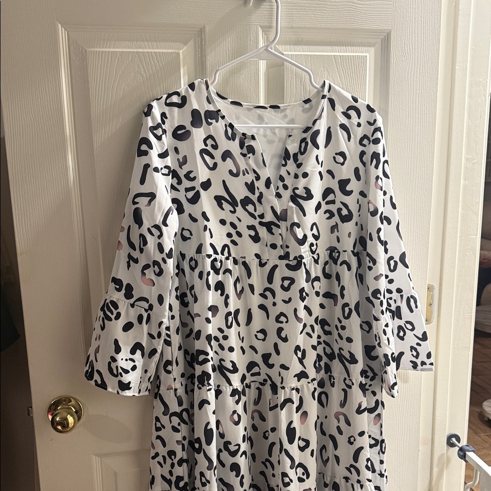White Leopard Print Tiered Women's Dress